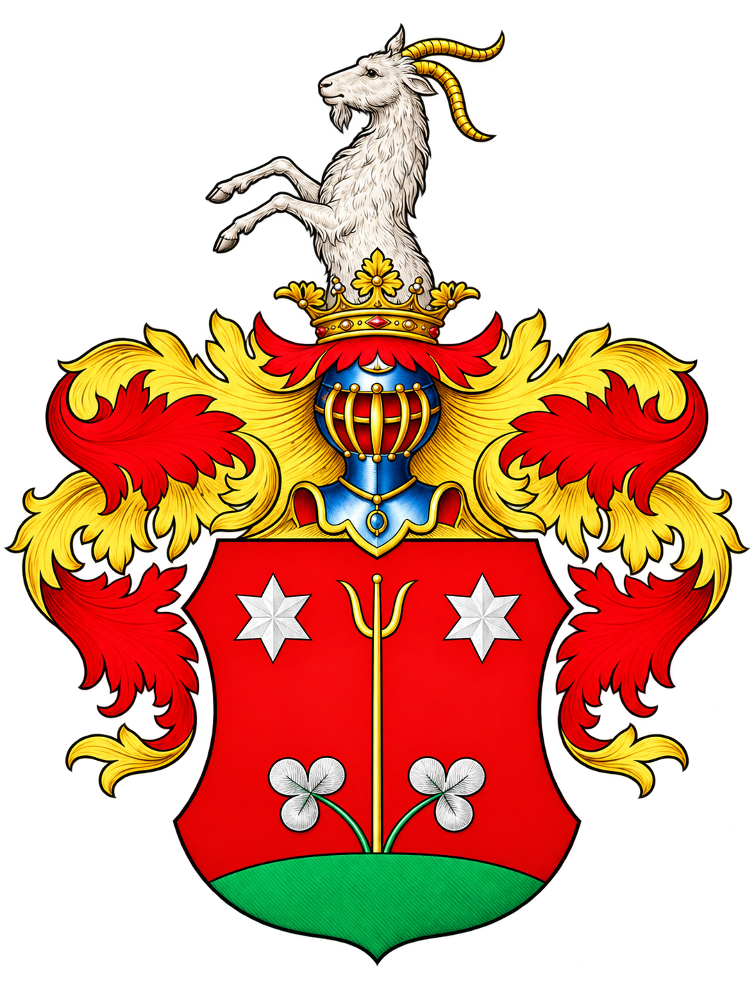 The von Ferber coat of arms: a white goat with gold horns above a crowned helmet, red and gold mantling, and a red shield with two silver stars, a gold rod and two clovers.